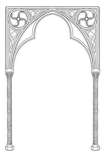 Medieval manuscript style rectangular frame. Gothic style pointed arch. Vertical orientation. EPS10 vector illustration