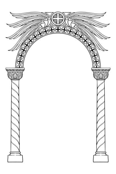 Early medieval Byzantine style round arch. Early medieval Byzantine style round arch. Decorative motiff of Seraphim or cherubim wings on. Vertical orientation. Black linear drawing isolated on white background. EPS10 vector illustration byzantine icon stock illustrations