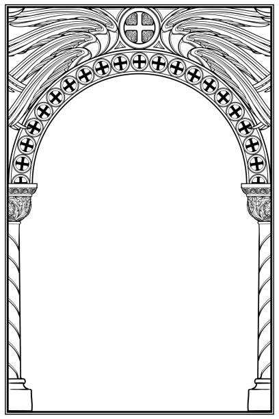 Early medieval Byzantine style round arch. Early medieval Byzantine style round arch. Decorative motiff of Seraphim or cherubim wings on. Vertical orientation. Black linear drawing isolated on white background. EPS10 vector illustration byzantine icon stock illustrations