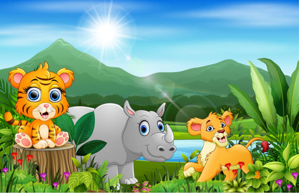 мультфильм о красивом пейзаже с разными животными - rhinoceros savannah outdoors animals in the wild stock illustrations
