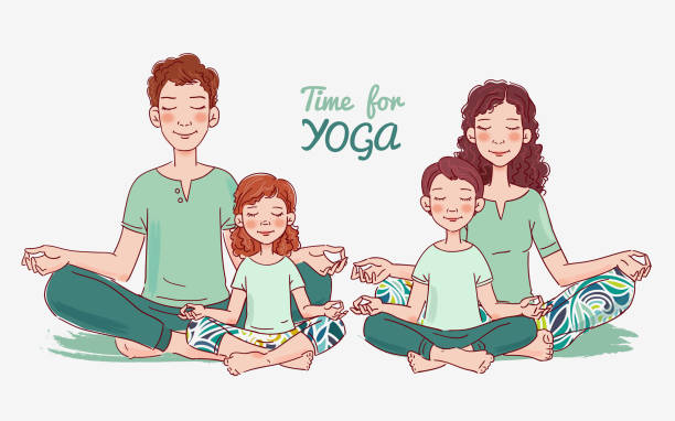 어머니, 아버지 및 로터스 위치에 요가 하 고 두 아이 들. 가족 요가 벡터 일러스트 레이 션 - white background yoga exercising women stock illustrations
