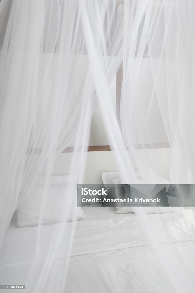veer lont Heup Bed Met Wit Bedlinnen Kussens En Muggennet Vintage Interieur Bed Met  Baldakijn Netto Stockfoto en meer beelden van Muggennet - iStock