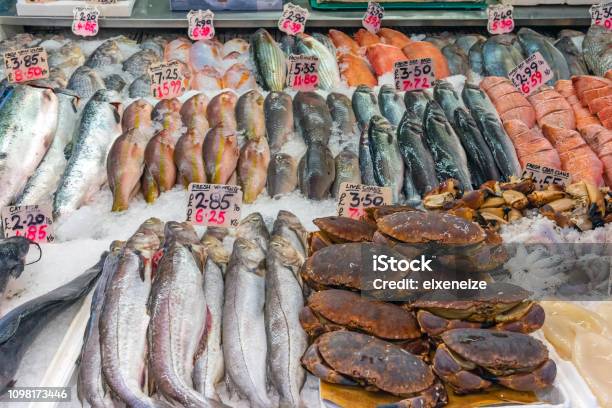 Crayfish Octopus And Other Fish For Sale Stock Photo - Download Image Now - UK, Cod, Fishing