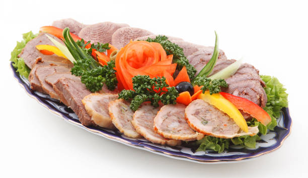 istock Sliced meat with vegetables on a white background 1098188190
