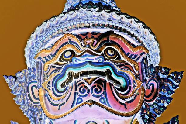 Closed up giant guardian statue face in Grand Palace.