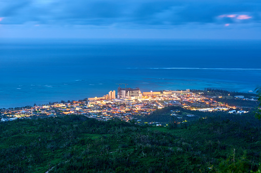 Aerial view of Saipan's town at night, USA.