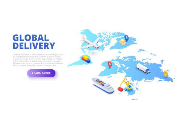 Global delivery concept with map, plane and tanker. Isometric vector illustration. Landing page template for web Global delivery concept with map, plane and tanker. Isometric vector illustration. Landing page template for web. global logistics infographic stock illustrations