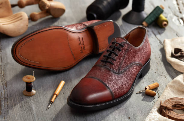 Handmade men shoes Men leather shoes on wood cobbler stock pictures, royalty-free photos & images