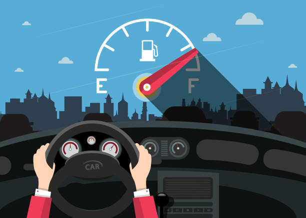 Hands on Steering Wheel with Car Fuel Level Gauge Meter on Front Glass and City vector art illustration
