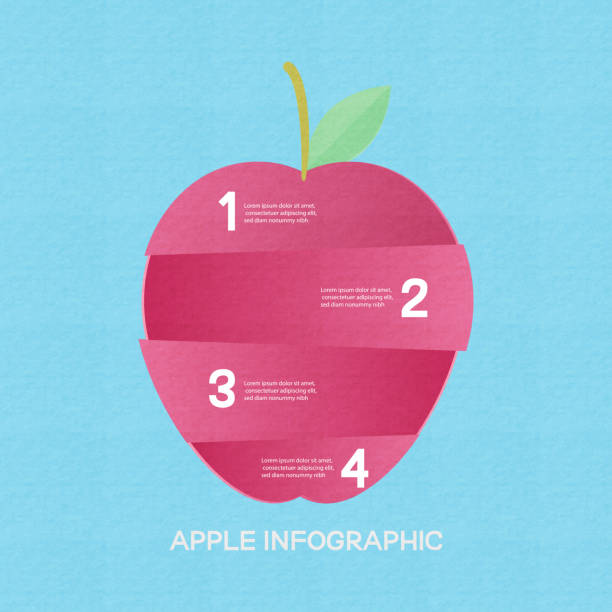 kreative unternehmen infografik designstücke von rotem apfel auf blauem hintergrund. - apple grafiken stock-grafiken, -clipart, -cartoons und -symbole