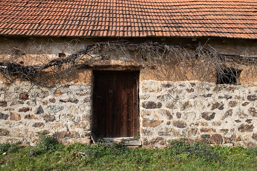 Abandoned old house made of stone and mud with big wooden door and bushes overgrown