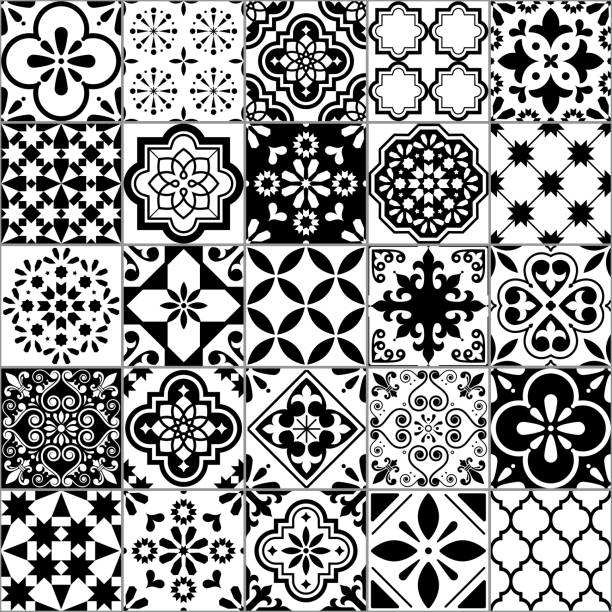 Lisbon geometric Azulejo tile vector pattern, Portuguese or Spanish retro old tiles mosaic, Mediterranean seamless black and white design Ornamental indigo textile background inspired by Spanish and Portuguese traditional tiles with flowers and geometric shapes tiled floor stock illustrations