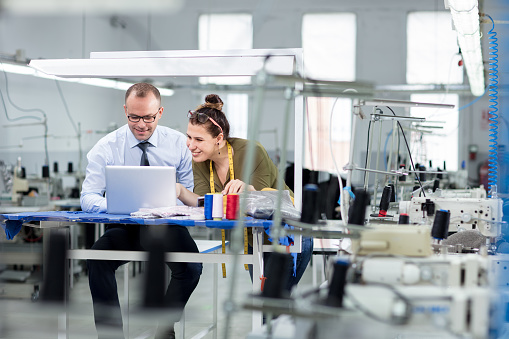 Bank manager and small business owner working with computer.