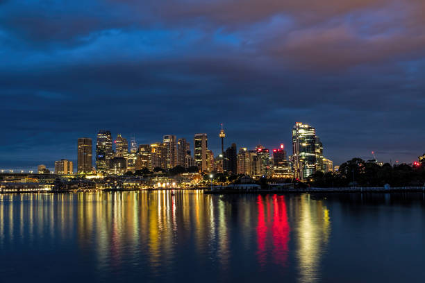 istock generic modern cityscape with water reflection in sunset night 1098233800