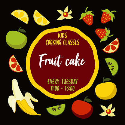 Cake Course Poster Fruit Cake Typography Poster With Ingredients Around Cake Base Cooking ...