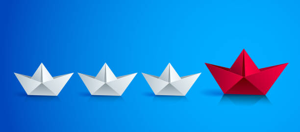 Swimming origami ship leading the team group of smaller ships, business leadership concept, vector modern style 3d realistic illustration. Swimming origami ship leading the team group of smaller ships, business leadership concept, vector modern style 3d realistic illustration. armada stock illustrations