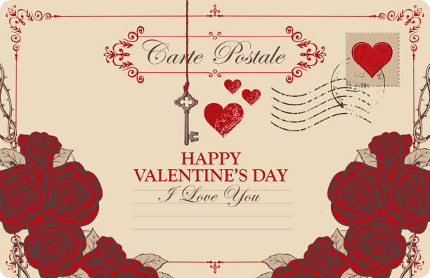 빈티지 엽서 사랑의 선언의 테마 - valentine card rose plant blossom stock illustrations