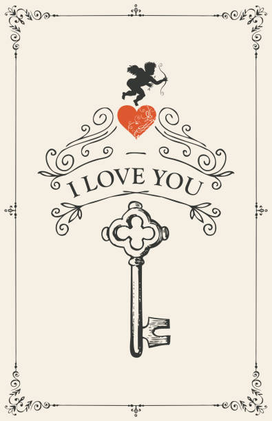 vintage valentine karte mit schlüssel, herz und amor - cupid love red affectionate stock-grafiken, -clipart, -cartoons und -symbole