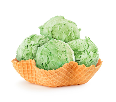 pistachio ice cream in a waffle basket