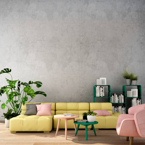 3d rendering,3d illustration,interior design for living area or reception in modern style with sofa and armchair, table,plant on wood floor and concrete wall