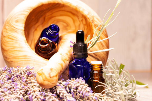 istock lavender mortar and pestle and bottles of essential oils for aromatherapy 1098255228