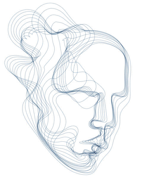 ilustrações de stock, clip art, desenhos animados e ícones de digital soul of machine, artificial intelligence software visualization of human head made of dotted particles flowing wave lines array. technical era period of evolution. - psyche