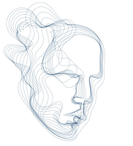 цифровая душа машины, программное обеспечение искусственного интеллекта визуализация человеческой головы из пунктирных частиц течет вол� - psyche stock illustrations