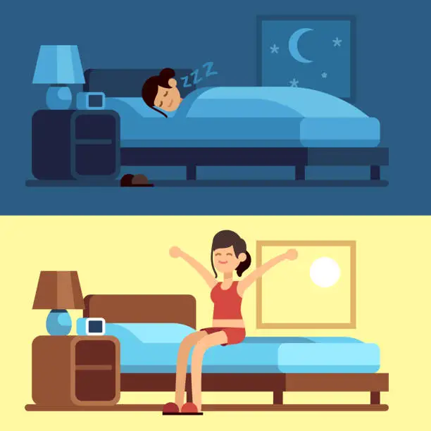 Vector illustration of Woman sleeping waking up. Girl relaxing bedroom night, awake morning stretching sitting on mattress. Female good sleep