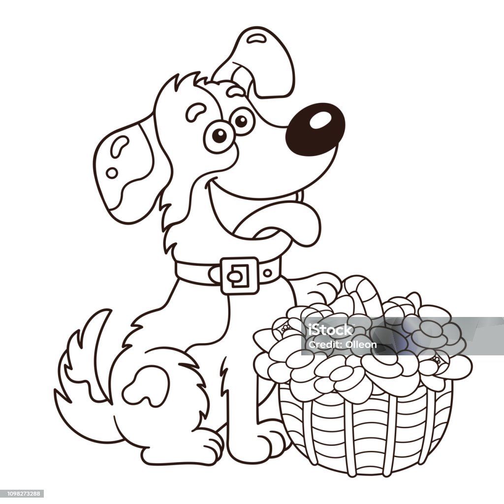 Coloring Page Outline Of cartoon dog with basket of flowers. Greeting card. Birthday. Valentine's day. Coloring book for kids. Animal stock vector