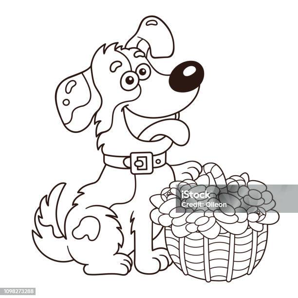Coloring Page Outline Of Cartoon Dog With Basket Of Flowers Greeting Card Birthday Valentines Day Coloring Book For Kids Stock Illustration - Download Image Now
