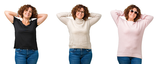 Collage of middle age senior woman over white isolated background Relaxing and stretching with arms and hands behind head and neck, smiling happy