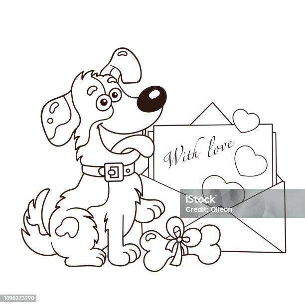 Coloring Page Outline Of Cartoon Dog With Letter Greeting Card Birthday Valentines Day Coloring Book For Kids Stock Illustration - Download Image Now