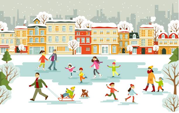 ilustrações de stock, clip art, desenhos animados e ícones de ice rink with different people on city background - winter men joy leisure activity