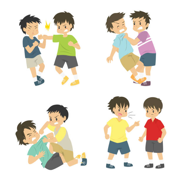 illustrazioni stock, clip art, cartoni animati e icone di tendenza di bambini con una collezione di vettori di combattimento - bullying child teasing little boys