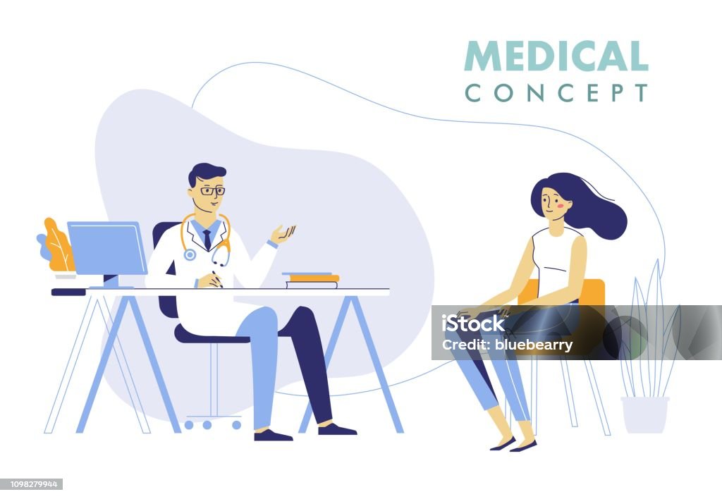Medicine concept with doctor and patient. Practitioner doctor man and young woman patient in hospital medical office. Consultation and diagnosis. Doctor stock vector