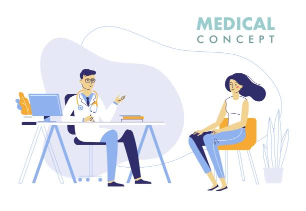 Medicine concept with doctor and patient. Practitioner doctor man and young woman patient in hospital medical office. Consultation and diagnosis. doctor and patient stock illustrations