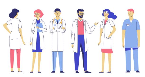 illustrazioni stock, clip art, cartoni animati e icone di tendenza di concetto di team di medicina con diversi medici in ospedale. - doctor healthcare and medicine nurse team