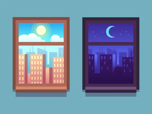Vector illustration of Day and night window. Cartoon skyscrapers at night with moon and stars, at day with sun inside home windows. Cartoon vector concept