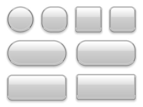 White buttons chrome frame. 3d realistic web glass elements oval rectangle square circle chrome white button, interface vector set