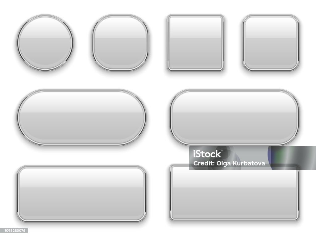White buttons chrome frame. 3d realistic web glass elements oval rectangle square circle chrome white button interface White buttons chrome frame. 3d realistic web glass elements oval rectangle square circle chrome white button, interface vector set Push Button stock vector