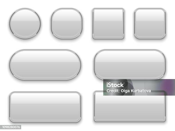 White Buttons Chrome Frame 3d Realistic Web Glass Elements Oval Rectangle Square Circle Chrome White Button Interface Stock Illustration - Download Image Now