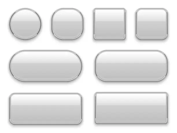 Vector illustration of White buttons chrome frame. 3d realistic web glass elements oval rectangle square circle chrome white button interface