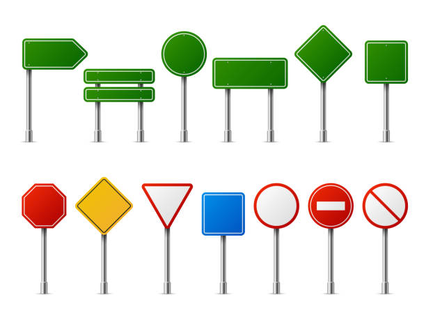 Traffic road realistic signs. Signage signal warning sign stop danger caution speed highway empty parking street board Traffic road realistic signs. Signage signal warning sign stop danger caution speed highway empty parking street board vector set road sign stock illustrations