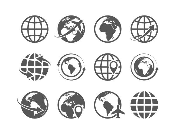 ilustrações, clipart, desenhos animados e ícones de conjunto de ícones do globo. globo do mundo terra mapa símbolos de vetor de turismo de comércio global internet - direction arrow sign globe planet