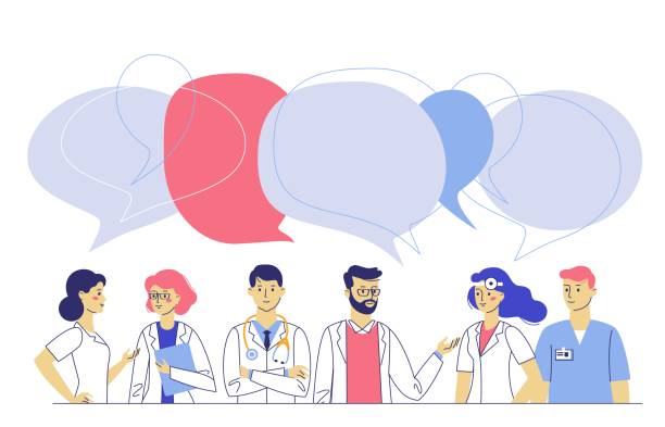 Practitioner doctors young man and woman standing together and talking. Consultation and diagnosis. Practitioner doctors young man and woman group and speech bubbles. Consultation and diagnosis. doctor illustrations stock illustrations