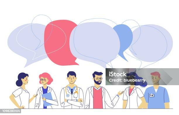 Practitioner Doctors Young Man And Woman Standing Together And Talking Consultation And Diagnosis Stock Illustration - Download Image Now