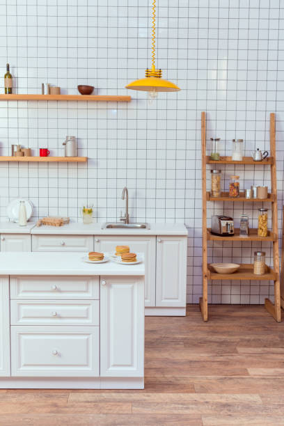 istock modern kitchen design with wooden shelves and white tile on background 1098285236