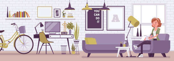 ilustrações de stock, clip art, desenhos animados e ícones de freelancer girl room interior, home office design - modern office