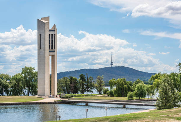 National Carillon and Lake Burley Griffin with White Clouds and Blue Sky National Carillon and Lake Burley Griffin with White Clouds and Blue Sky canberra photos stock pictures, royalty-free photos & images