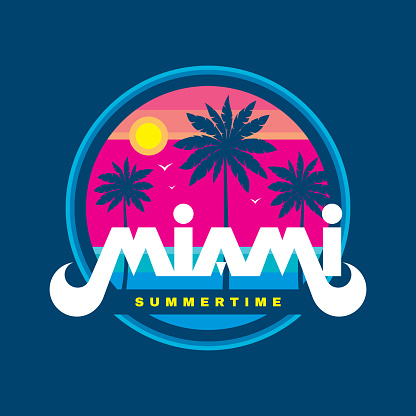 Florida Miami summertime - vector illustration concept in retro vintage graphic style for t-shirt, print, poster, brochure. Palms, sun, coast, beach. Badge design. Summer travel vacation.